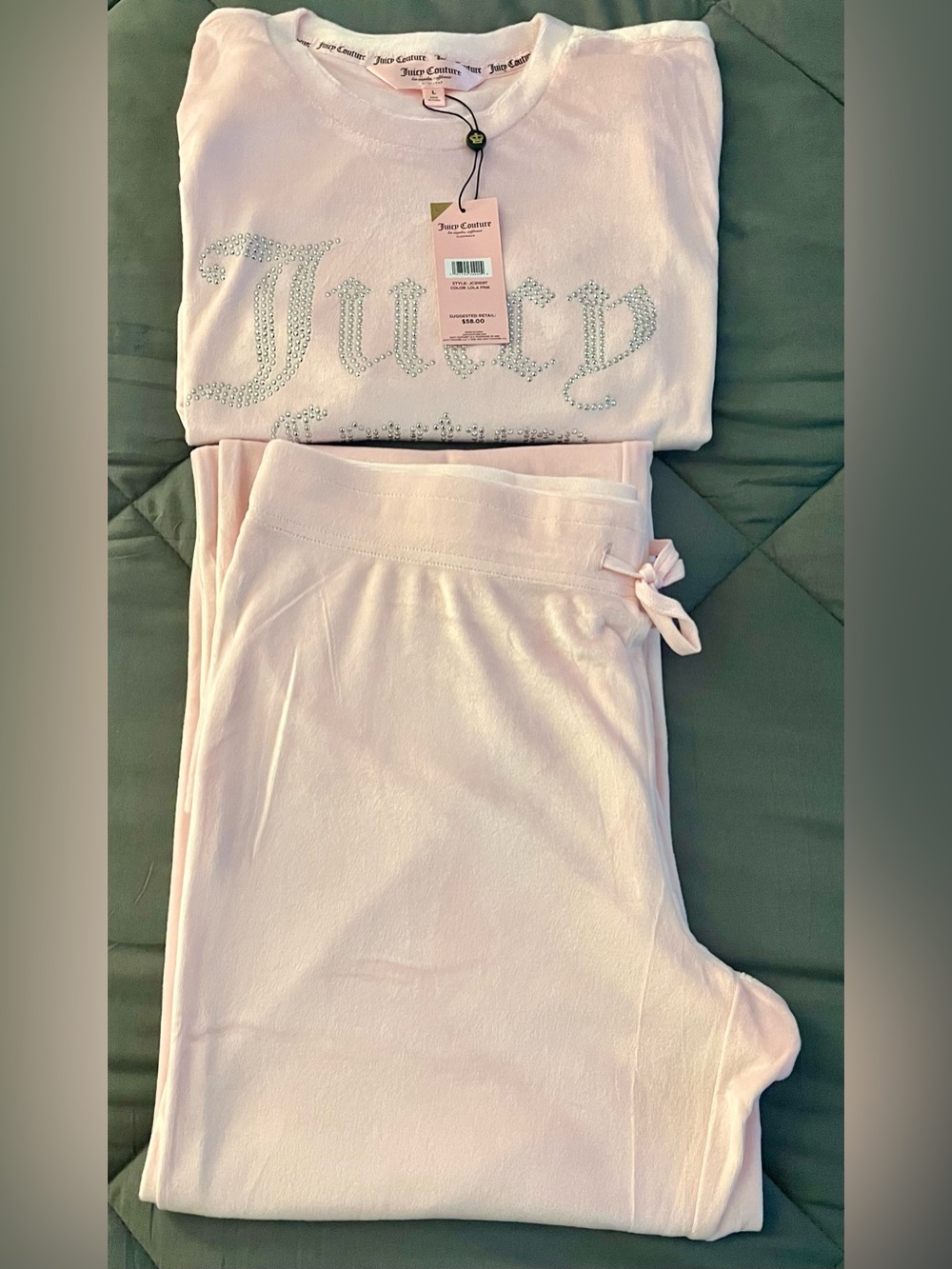 JUICY COUTURE NWT 2pc Velour Crew Neck Top And Pants Lounge Set With Rhinestone - Picture 5 of 5
